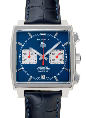 TAG Heuer Men's CAW2111.FC6183 Monaco Calibre 12 Automatic Chronograph Blue Alligator Strap Watch - MS TR JAPAN